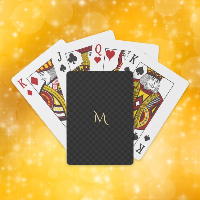Jeu De Cartes Noir À damiers Or Monogramme Moderne Design (Black Checkered Gold Monogrammed Modern Stylish Playing Cards)