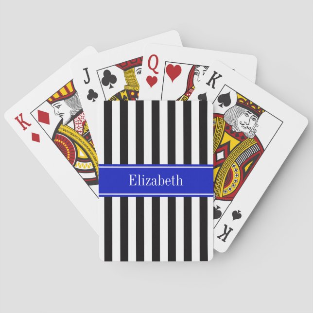 Jeu De Cartes Noir Blanc Bleu Royal Ruban Nom Monogramme (dos)
