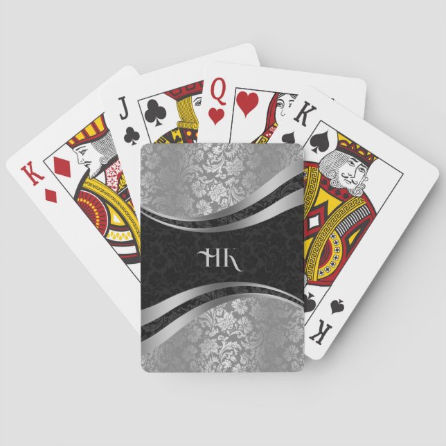 Jeu De Cartes Noir et argent damas design de lignes dynamiques (dos)