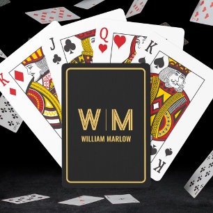 Jeu De Cartes Noir et or Personnalisé Monogramme et Nom Personna