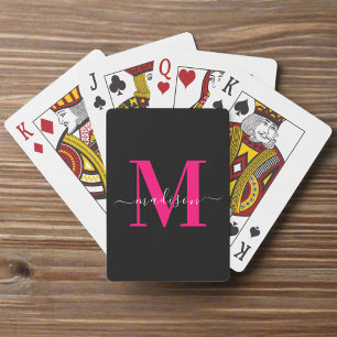 Jeu De Cartes Nom de la famille du monogramme rose chaud noir et