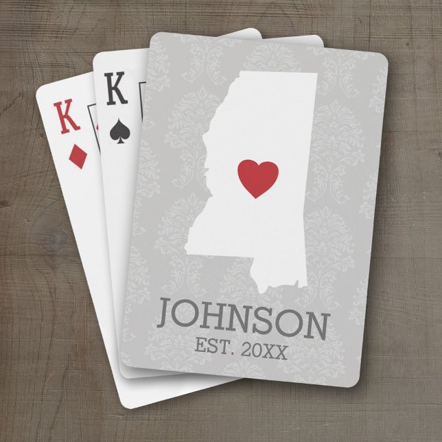 Jeu De Cartes Nom du Mississippi (Personalized Playing Cards with a State Map, Movable Heart and Name)