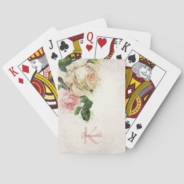 Jeu De Cartes Nom élégant Monogram Blush Rose Aquarelle Roses (dos)