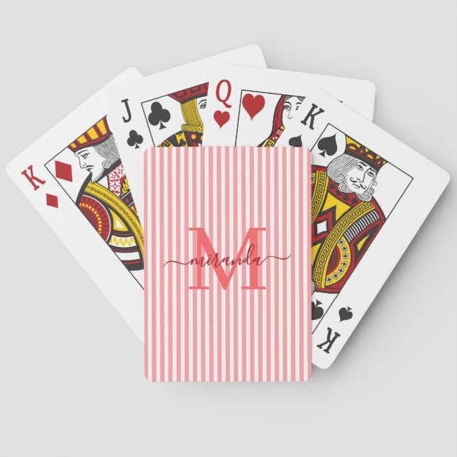 Jeu De Cartes Nom en monogramme rayé rouge et blanc (dos)