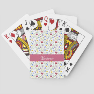Jeu De Cartes Nom Monogramme Aquarelle Fleur Sauvage Bleue Rose 