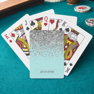 Jeu De Cartes Nom Monogramme Féminin Paillettes Bleu Aqua Turquo