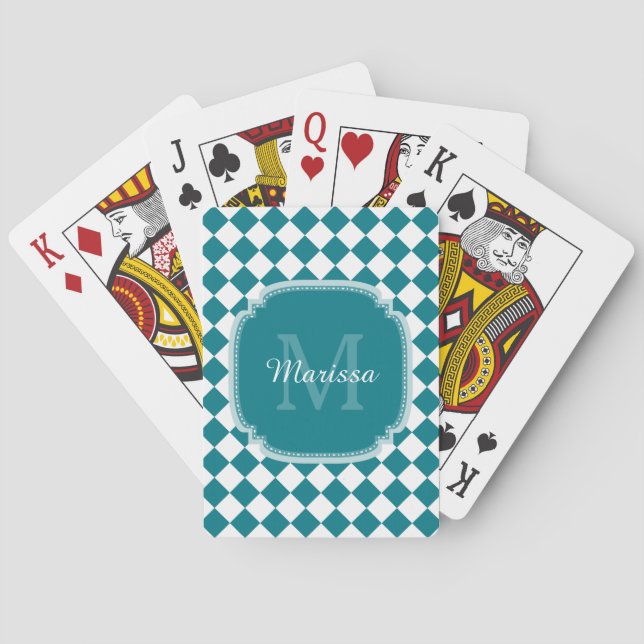 Jeu De Cartes Nom Monogrammé Turquoise et blanc tendance (dos)
