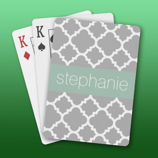 Jeu De Cartes Nom personnalisé du Motif Quatrefoil Gris et Mint (Custom Playing Cards)