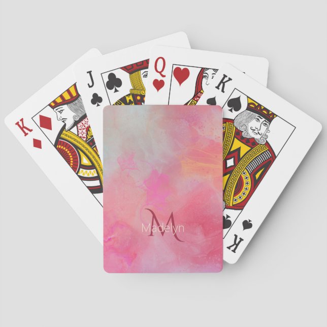 Jeu De Cartes Nom personnalisé + Encre rose aquarelle monogramme (dos)