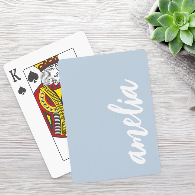 Jeu De Cartes Nom personnalisé script lumière bleu et blanc pous (Custom name script light dusty blue and white poker cards)