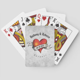 Jeu De Cartes Noms décorés d'un monogramme tatoués de coeurs