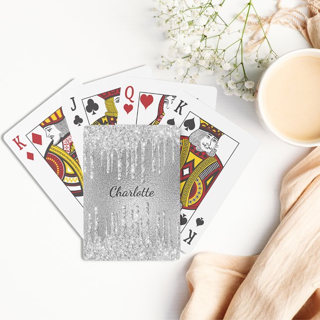 Jeu De Cartes Noms en script avec gouttes de paillettes argentée (Créateur téléchargé)
