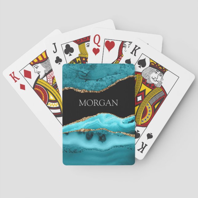 Jeu De Cartes Or & Turquoise Agate, Parties scintillant, Nom gri (dos)