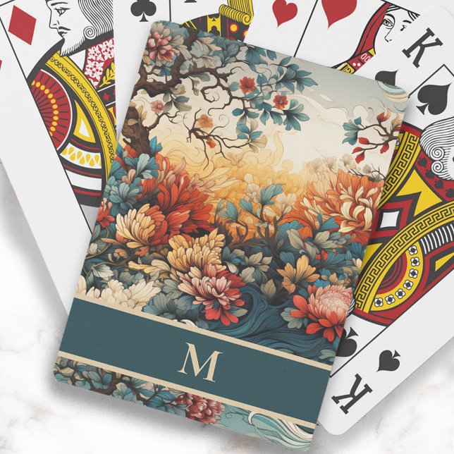 Jeu De Cartes Orange Turquoise Fleurs Feuilles Monogramme initia (Elegant orange and teal flowers and leaves monogram playing cards)