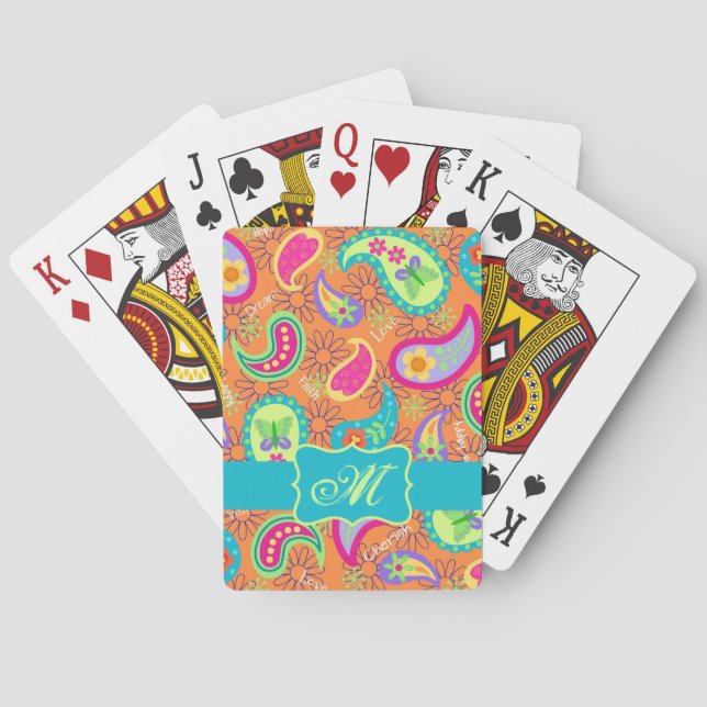 Jeu De Cartes Orange Turquoise Moderne Paisley Motif Monogramme (dos)