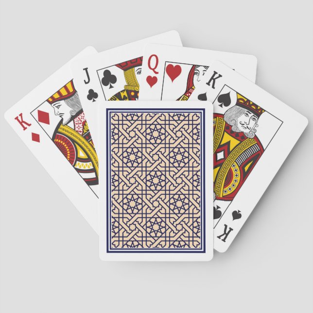 Jeu De Cartes Oriental Bleu Blanc Beige Marocain Géométrique (dos)