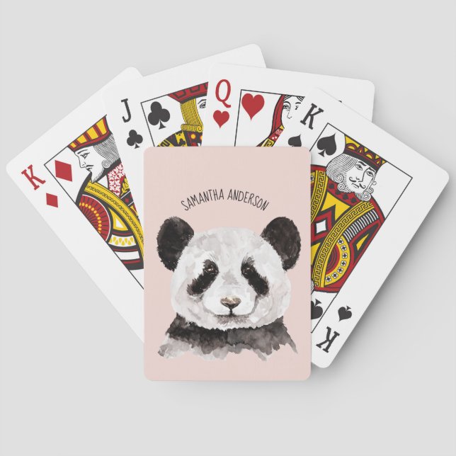 Jeu De Cartes Panda Aquarelle Moderne Avec Nom Et Pastel Rose (dos)
