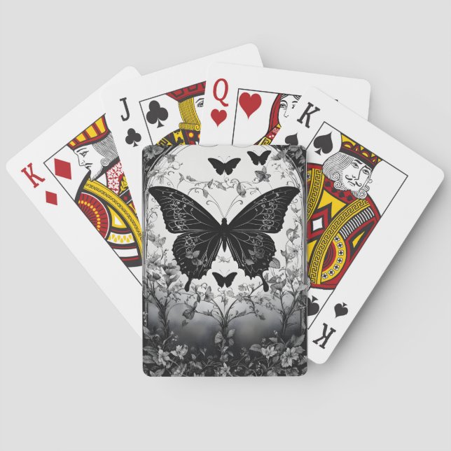 Jeu De Cartes Papillons noirs et blancs Goth Floral (dos)