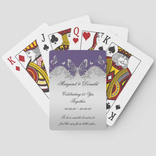 Jeu De Cartes Papillons ornés d'argent violet 25e anniversaire (dos)