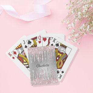 Jeu De Cartes Parties scintillant rose argent goutte nom monogra