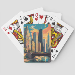 Jeu De Cartes Peinture colorée vintage de la skyline de Chicago
