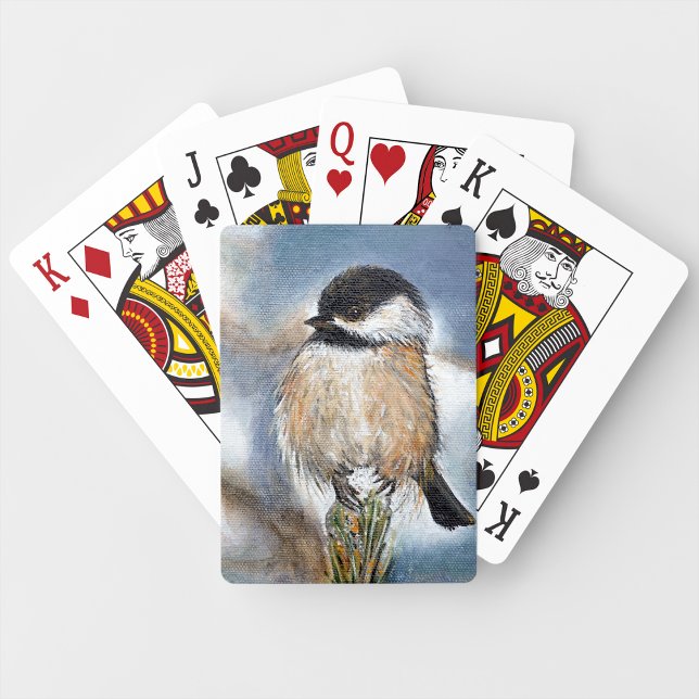 Jeu De Cartes Peinture hivernale d'oiseaux de poulets à capuchon (Black Capped Chickadee Bird Winter Painting Playing Cards from Jenn's Emporium. )