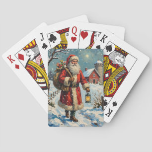 Jeu De Cartes Père Noël vintage sur le chemin enneigé de la ferm