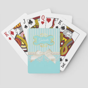 Jeu De Cartes Perles et dentelle Aqua Stripes Crème Bow avec nom