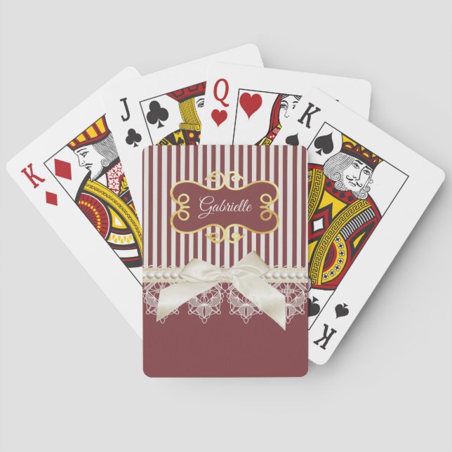 Jeu De Cartes Perles et dentelle Deep Red Stripes Bow et nom (dos)