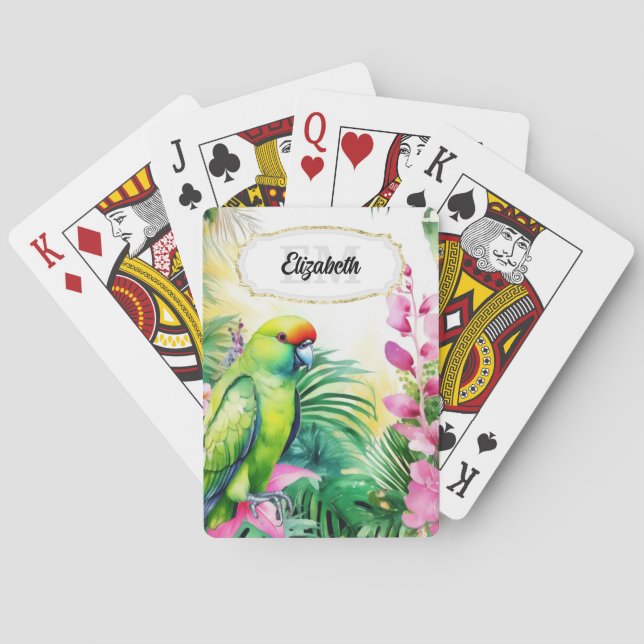 Jeu De Cartes Perruche tropicale jungle oiseau aquarelle fleurs (dos)
