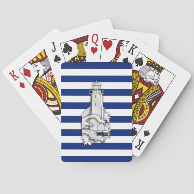 Jeu De Cartes Phare de style Chrome sur rayures nautiques bleues (dos)