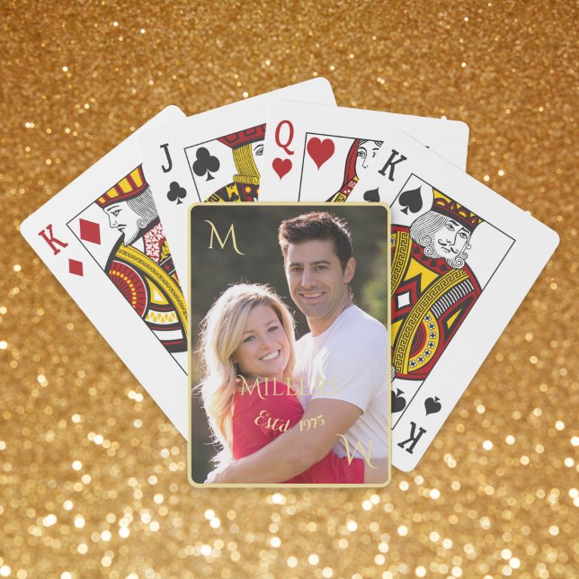 Jeu De Cartes Photo de famille Couple personnalisée Monogramme O (Personalized Couple Family Photo Gold Monogram Playing Cards)