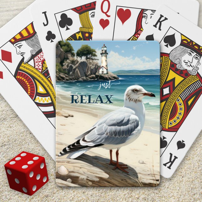 Jeu De Cartes Plage côtière du phare de Seagull (Playing cards showing an elegant illustration of a relaxing beach scene with lighthouse and seagull)