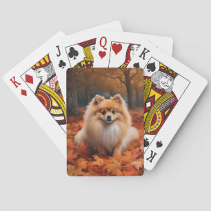 Jeu De Cartes Poméranie dans les feuilles d'automne qui tombent 