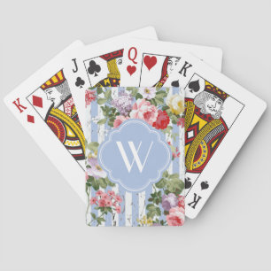 Jeu De Cartes Rayure bleue patinée florale de monogramme