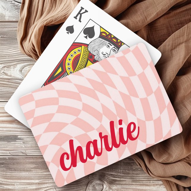 Jeu De Cartes Rétro damboard tourbillon clair rouge rose pâle (Retro checkerboard swirl wave light blush pink red playing cards)