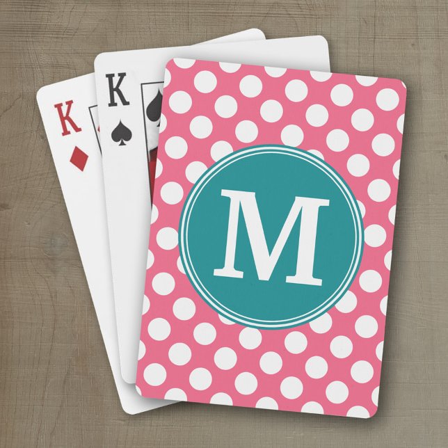 Jeu De Cartes Rose chaud et Pois Turquoises avec Monogramme pers (Personalized playing cards)
