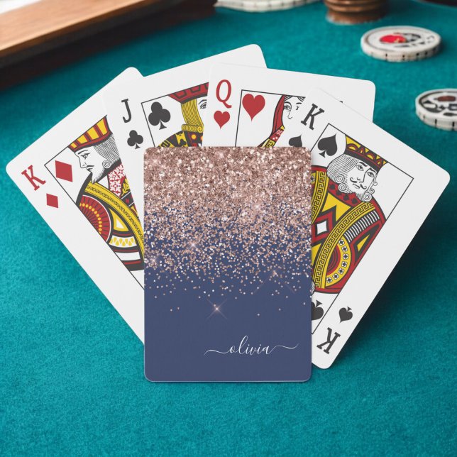 Jeu De Cartes Rose Gold Pailleté Monogramme Rose Foncé Bleu Mari (Créateur téléchargé)