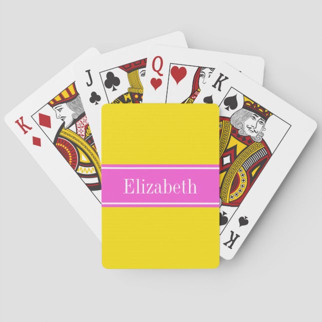 Jeu De Cartes Ruban rose chaud jaune uni Nom Monogramme (dos)
