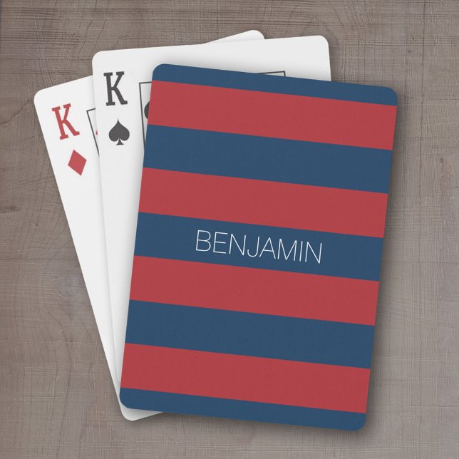 Jeu De Cartes Rugby bleu marine et rouge avec nom personnalisé (Personalized playing cards - sporty, preppy stripe pattern with name. Great gift for the guys!)
