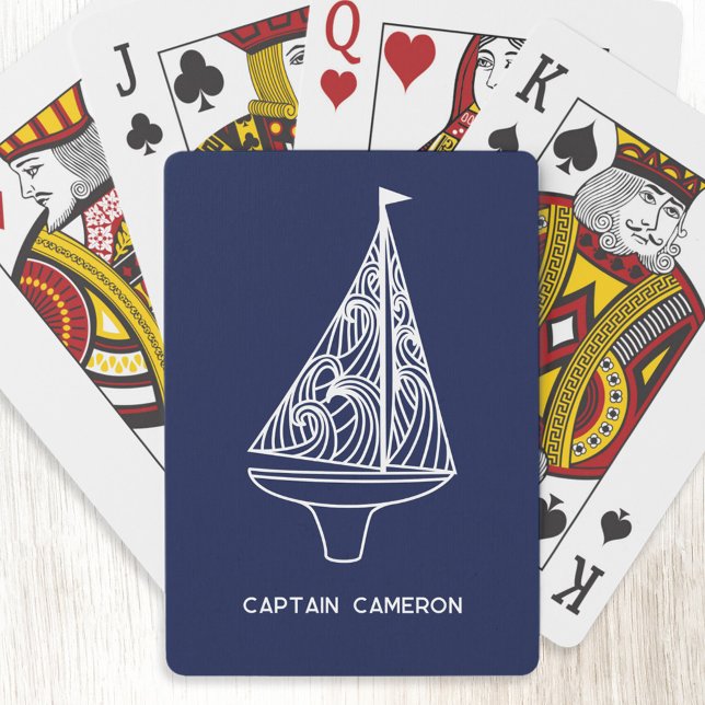 Jeu De Cartes Sailing Boat Captain Name Nautical Navy Blue (Fun Captain or Boat Name personalized yacht or sail boat art nautical playing cards)
