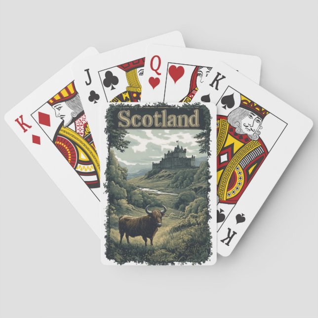 Jeu De Cartes Scotland Design : Highland Cow, Castle, and Scener (dos)