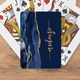 Jeu De Cartes Signature personnalisée bleu marine agate dorée