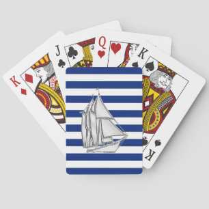 Jeu De Cartes Silver Sailboat on Nautical Blue Stripes