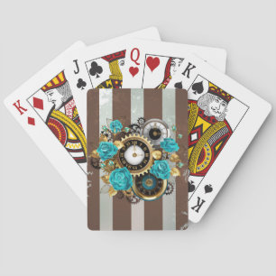 Jeu De Cartes Steampunk Clock and Turquoise Roses on Striped