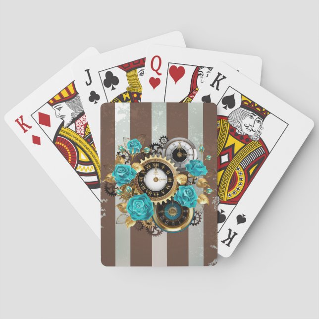 Jeu De Cartes Steampunk Clock and Turquoise Roses on Striped (dos)