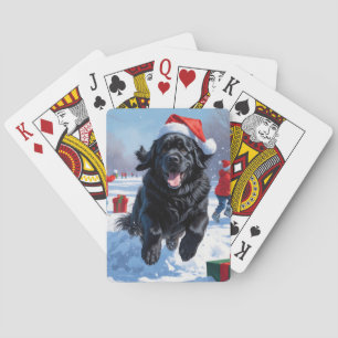 Jeu De Cartes Terre-Neuve courant dans la neige avec un chapeau