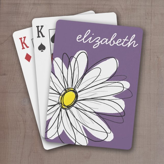 Jeu De Cartes Texte personnalisé marguerite mauve et jaune (Personalized playing cards - purple whimsical daisy)