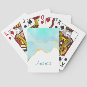 Jeu De Cartes Tranquille Tropical Vert Bleu avec bordure or