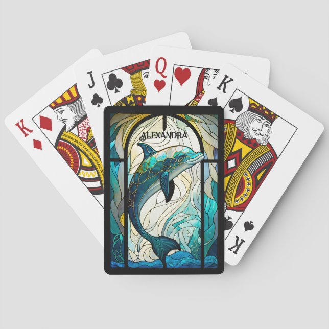 Jeu De Cartes Turquoise bleu blanc dauphin look de verre tendu (dos)